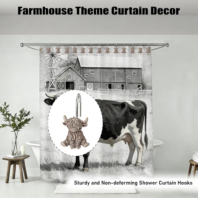 12 Pcs Highland Cow Shower Curtain Hooks for Western Rustic Bathroom Decor | Farmhouse Rings Hangers Rust Resistant Highland Cow Decor for Restroom Vintage Cowboy Bathroom Resin and Stainless Steel Hook