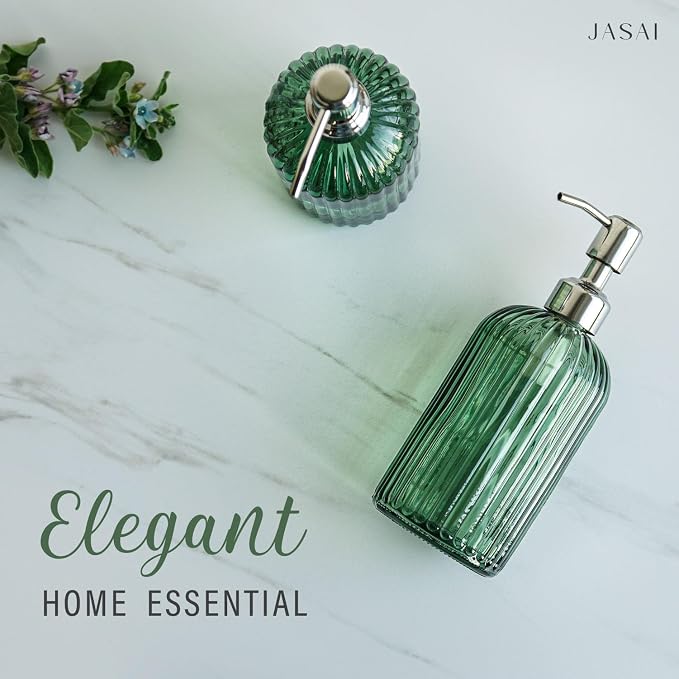 JASAI 18Oz Green Soap Dispenser with Rust Proof Pump | Refillable Bathroom Soap Dispenser with Thick Glass, Kitchen soap Dispenser for Dish soap, Hand Soap, Lotion, Body Wash