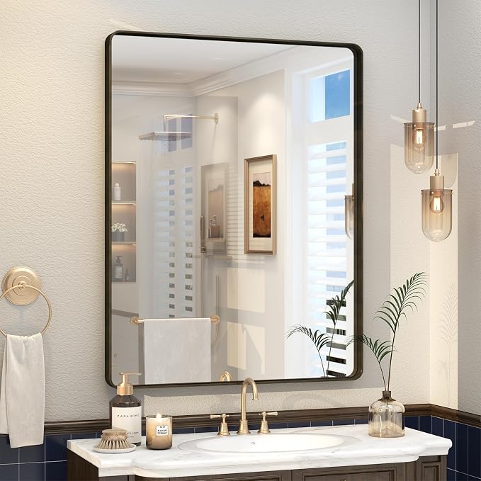 28x36 Inch Bronze Framed Bathroom Mirror | Brushed Bronze Metal Frame, Rounded Rectangle Vanity Mirror, Tempered Glass, Anti-Rust, Shatterproof (Horizontal/Vertical)