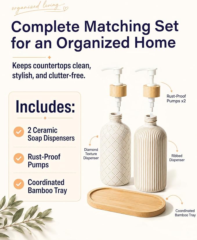 Getstar Hand and Dish Soap Dispenser Set, Ceramic Soap Dispenser for Bathroom and Kitchen with Rust Proof Pump and Bamboo Tray, Set of 2