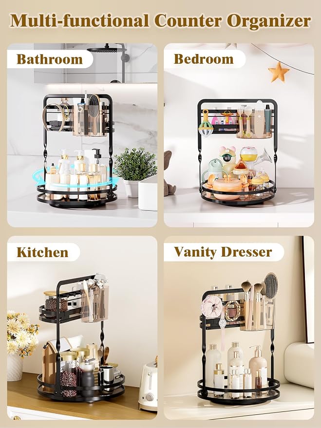 360 Rotating Makeup Vanity Organizer,Black 2-Tier Perfume Organizer | Bathroom Countertop Organizer, Lazy Susan Vanity Tray Spinning Skincare Storage with Jewelry Hooks & Makeup Brush Holder