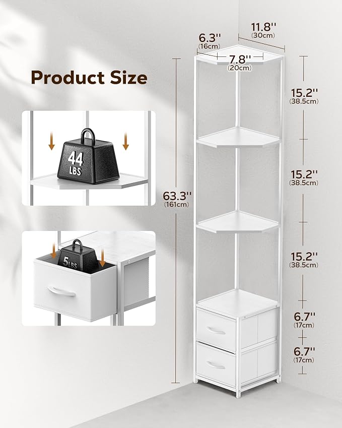 Housolution 6 Tier Corner Shelf Stand with Storage and Fabric Drawers,White | 63.4'' Tall Narrow Corner Bookshelf, Freestanding Corners Storage Shelf for Living Room Bedroom Small Space
