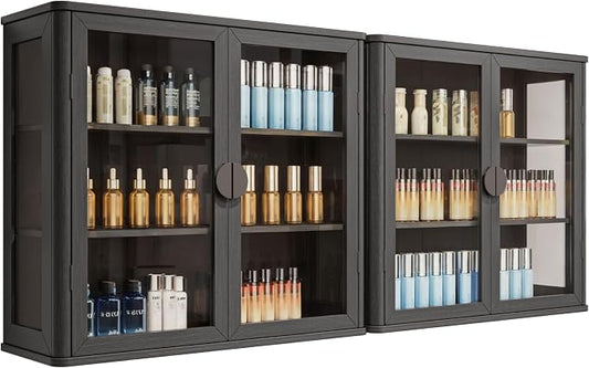 FIMELLO 56’’W Wall Cabinet with Tempered Glass Doors, Bathroom Cabinet Wall Mount, Kitchen Wall Cabinet, Floating Cabinet for Bathroom, Wall Mount Salon Station for Barber, Beauty, Black