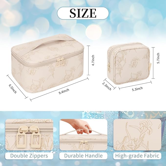 Makeup Bag Set, Portable Travel Makeup Bags Cosmetic Organizer Bag for Women Cute Floral Cosmetic Pouch Large Capacity Make up Bag PU Leather Toiletry Bags with Divider and Handle-Beige