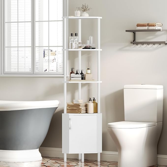 HOOBRO Corner Cabinet with LED Light, Corner Shelf Stand with Storage and Doors, 5-Tier Industrial Corner Bookshelf, 59” Tall Display Rack Shelf, for Living Room, Kitchen, White WT147DCJ01