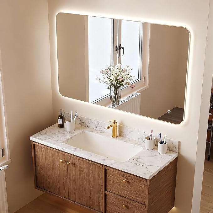 40''X30'' Lighted Mirrors for Bathroom Wall Backlit Rectangular Rounded Corners, LED Bathroom Mirror Frameless with Lights, Dimmable, 3 Colors,Tempered Glass, Shatter-Proof