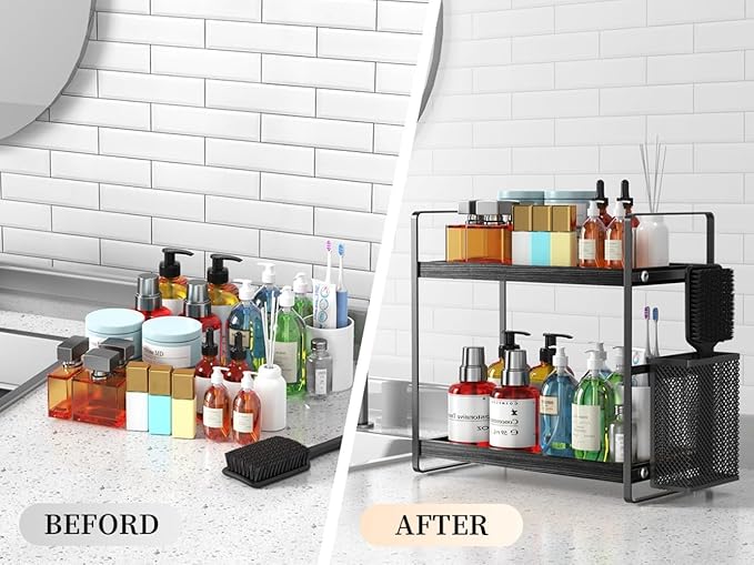 Bathroom Organizer Countertop, Counter Organizer for Bathroom Decor, Wooden Sink Shelf for Vanity Storage, Makeup Tray for Perfume Skincare Bedroom Kitchen Corner (Black)