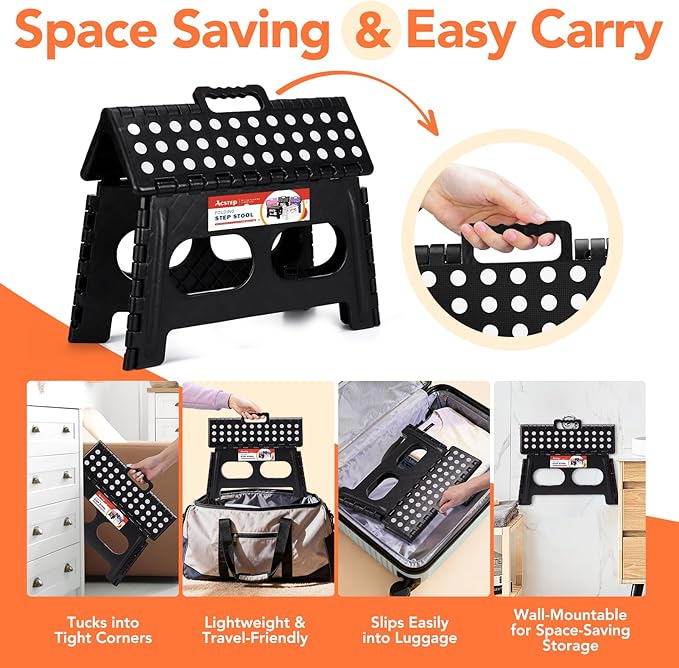 9 Inch Folding Step Stool, 15 Inch Extra-Wide, 300 lbs, Black | Non-Slip Heavy Duty Foldable Step Stool for Kids and Adults, Extra-Wide for Comfort and Stability, for Bathroom and Kitchen