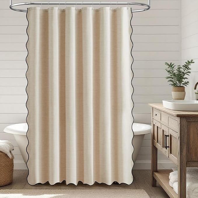 72x78 Boho Scalloped Linen Textured Cloth Shower Curtain, Beige/Cream | Long Size, 230GSM Waterproof Polyester, Heavy Duty Fabric, 12 Plastic Hooks, Elegant Modern Farmhouse Style, Machine Washable