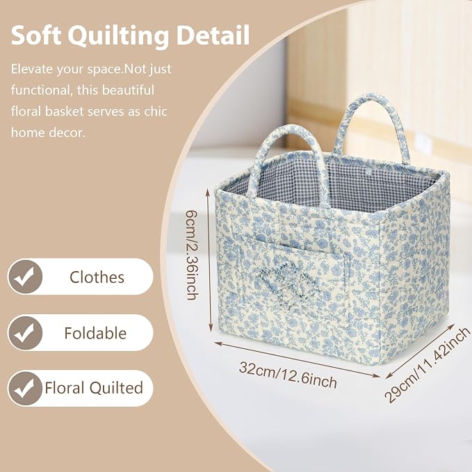 Storage Basket Boho Fabric Large Collapsible Floral Laundry Nursery Hamper Portable Folding Storage for Clothes Toys (Blue Floral B)