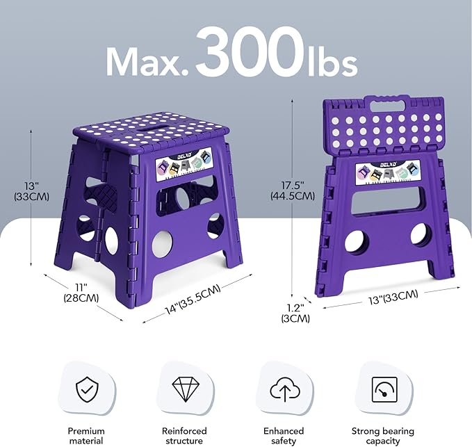 Delxo Folding Step Stool 13 Inch,300 Lbs Step Stool for Adults Purple | Foldable Step Stool 13",Non-Slip Foot Stools with Handle,Lightweight Collapsible stools for Kitchen,Bathroom,Bedroom,Garden