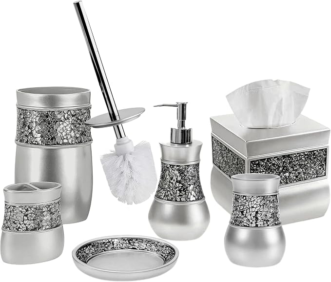 Creative Scents Crackled Glass Toilet Brush with Holder - Silver Toilet Bowl Cleaner Brush and Holder - Good Grip, Deep Cleaning, Decorative Design Compact Toilet Bowl Scrubber
