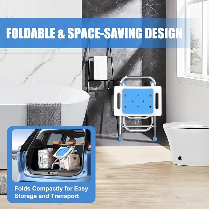 Height Adjustable Folding Shower Chair Seat, Stainless Steel Shower Chair for Inside Shower w/Crossbar, 420LB Portable Travel Shower Stool, Safety Anti-Slip Bath Chair for Seniors,White