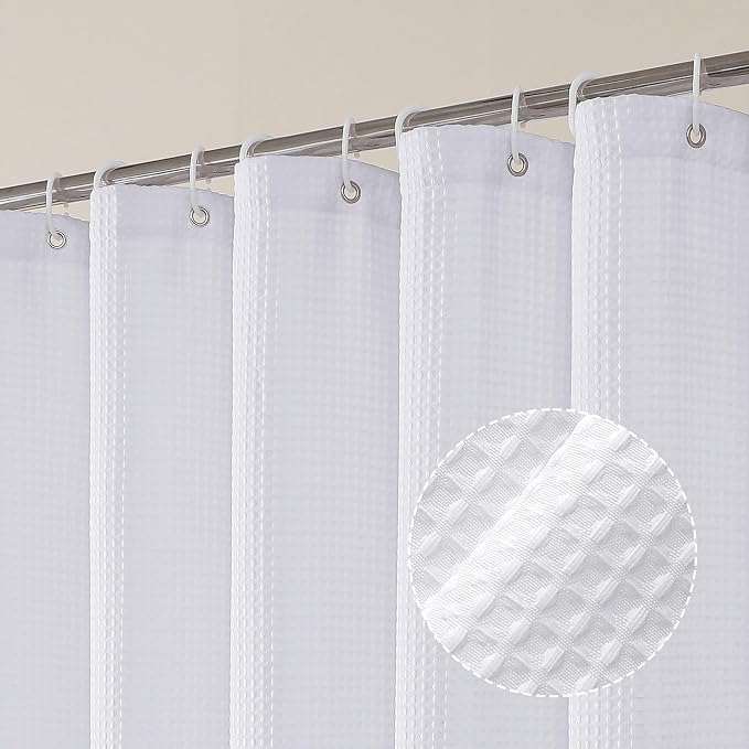 Extra Long White Shower Curtain Set- 96 Inch Long Waffle Weave Heavy Duty Fabric Shower Curtains for Bathroom, Luxury Heavy Duty Thick Cloth Shower Curtain with 12 Plastic Hooks, 72x96, White
