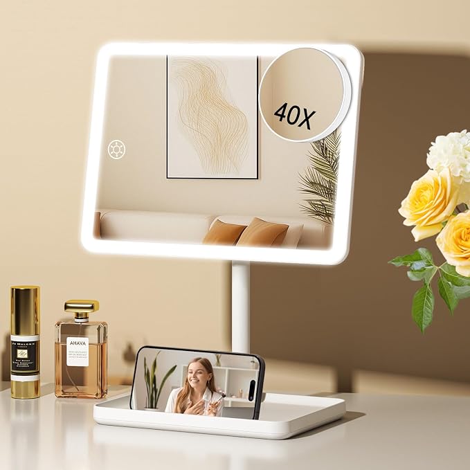FUNTOUCH 4000mAh Rechargeable Vanity Mirror with Lights 40X Magnifier,White | 3-Color Lighting Makeup Mirror with Lights & 84 LED,360°Rotation Touch Dimmable Lighted Makeup Mirror for Bedroom Tabletop