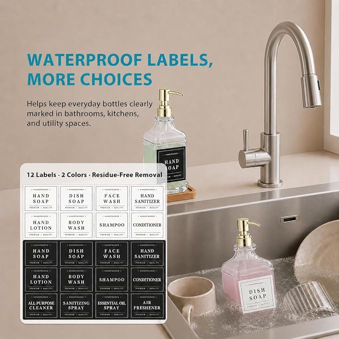Kitchen Glass Soap Dispenser Set with Tray 2 with Silver Rust Proof Pump | 16.9oz Refillable Soap Dispenser for Hand, Dish with Waterproof Labels Residue Free, Luxury Decor for Bathroom Vanity, Clear