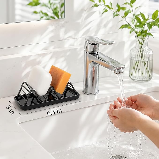 Stainless Steel Soap Dish Draining Soap Holder with Ceramic Tray, Black | Reversible Design Fits 2-3 Bars, Rustproof, Easy to Clean, Space Saving, Non Slip, for Bathroom, Shower, Kitchen