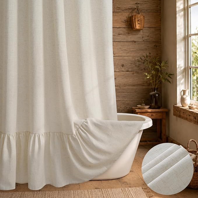 Yinhua Farmhouse Shower Curtain with Ruffle, Vintage Linen Extra Long Shower Curtains for Bathroom, Beige Striped Bath Curtain with 12 Hooks, Heavy Duty Waterproof Washable Cloth, 72" W x 84" L