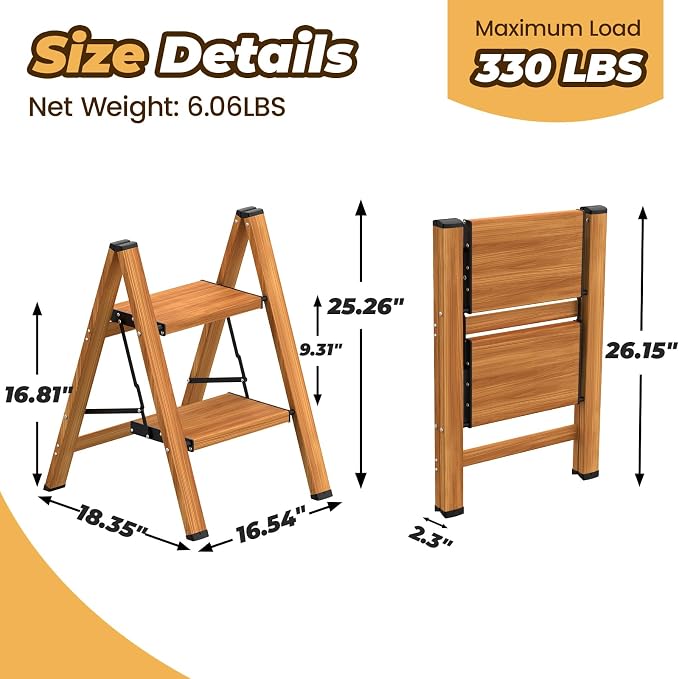 HBTower 2 Step Ladder, Lightweight Aluminum Folding Step Stool | Anti-Slip Wide Pedal, 330lbs Capacity Step Ladder for Household Kitchen Office, Woodgrain