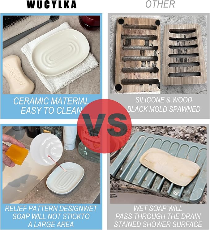 Ceramic Marble Pattern Soap Dish, Textured Raised Soap Saver Tray for Shower Bathroom Kitchen Sink Vanity, Easy to Clean Multi-Use Holder for Bar Soap Jewelry Rings Keys, Black (1 Pack)
