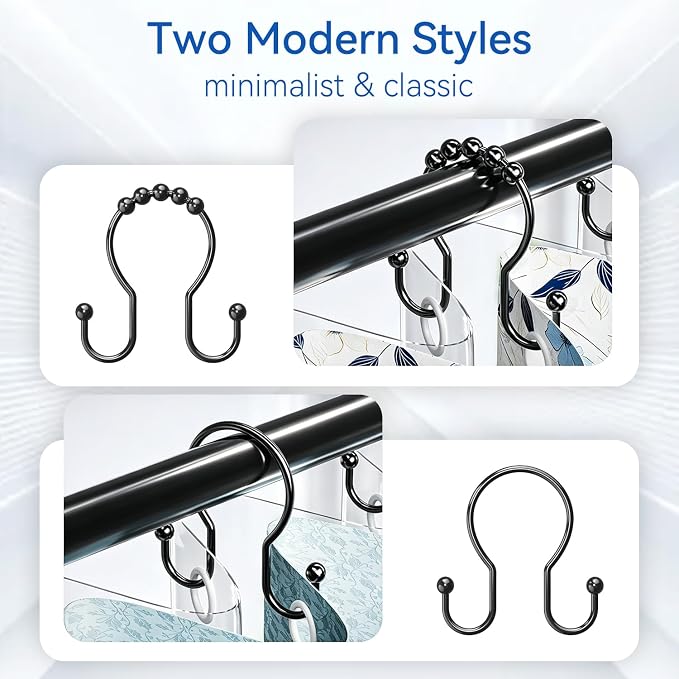 OEH Shower Curtain Hooks, 12 Pcs Minimalist Shower Curtain Rings, Metal Shower Curtain Hangers, Double Hook Black Shower Curtain Hooks Rust Proof, Glide Smoothly Shower Hooks for Shower Curtain, Black