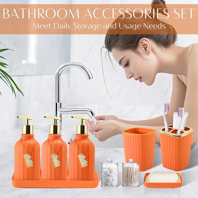 17PCS Bathroom Accessories Set, Orange Bathroom Set Bathroom Accessories Set with Trash Can, Toilet Brush, Toothbrush Holder, Qtip Holder & 3PCS Soap Dispenser