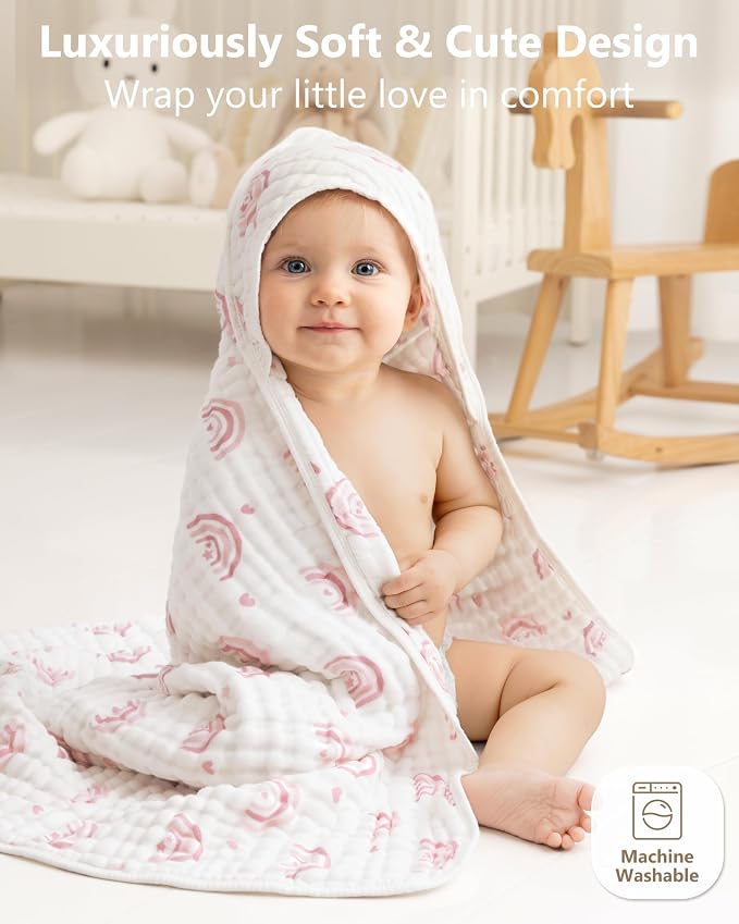 Baby Girl Bath Towels, 100% Muslin Cotton Hooded Baby Towels for Newborn, 2 Pack Baby Towels with Hood for Infant Toddler and Kids, Large 32x32Inch Bath Essentials, Soft and Absorbent