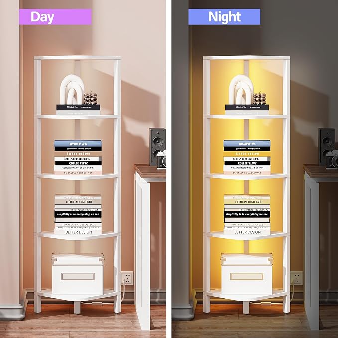TUTOTAK Corner Shelf with LED Light, 5-Tier Corner Bookshelf | for Small Space, Narrow Display Corner Shelf Stand with Storage Rack, for Living Room, Bedroom, White BS08BW005L
