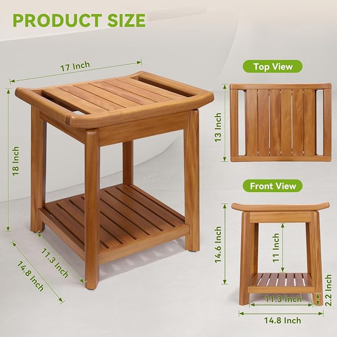 Teak Shower Stool 17" for Inside Shower, HeavyDuty Shower Bench Seat | Non-Slip Shower Stool with Storage Shelf, Waterproof Shower Chair for Seniors & Post Surgery, Safe Bathing & Everyday Comfort