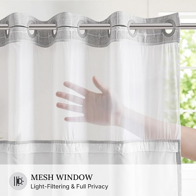 River Dream Farmhouse No Hooks Shower Curtain with Snap-in Liner,Grey,71x86 | Snap on Fabric Liner,Heavy Duty,Quick Dry,Mesh Top Window,With Bottom Magnets,Washable,with Tassels,Extra Long Size
