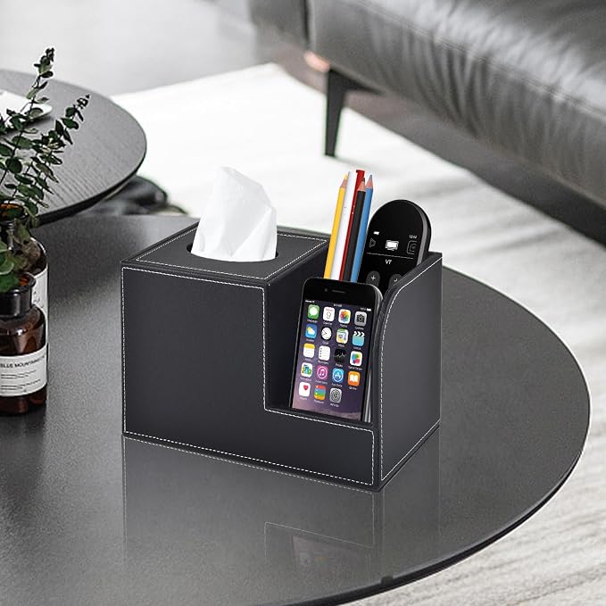PU Leather Tissue Box Cover with Storage Square-Multifunctional Tissue Holder,Remote Control Holder,Decorative Tissues Boxes Organizer,Home Office Desktop Storage box,Black
