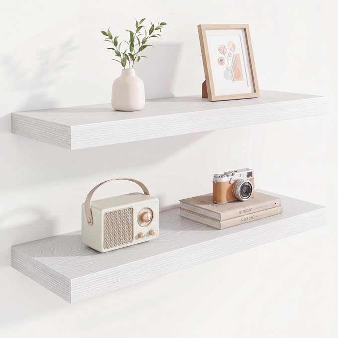 Marsmiles 9.25in Depth 30in Floating Shelves, 30x9.25x1.4, White, Set of 2 | Wall Mounted Engineered Wood Shelves, Invisible Brackets for Living Room, Bedroom, Bathroom, Kitchen Decor and Storage