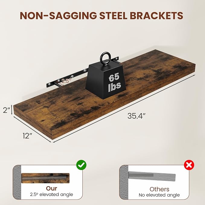 Vivelove Deep Floating Shelves 36x12” Set of 2, Rustic Brown | Easy Install With Hardware, 2" Thick, Invisible Brackets, Wall Mounted, No Sagging, For Any Room