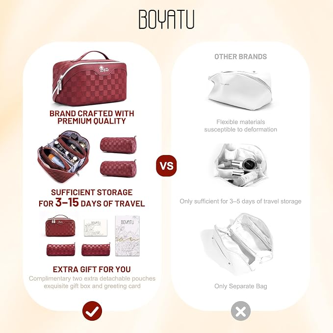 BOYATU Travel Makeup Bag Organizer: 180°Open-Flat 3 Pcs Make up Bags Set | Large Capacity Holds 10–20 Full-Size Bottles for 3–15 Day Trips Travel Essentials - Cosmetic Toiletry Case Gift Women(Red)