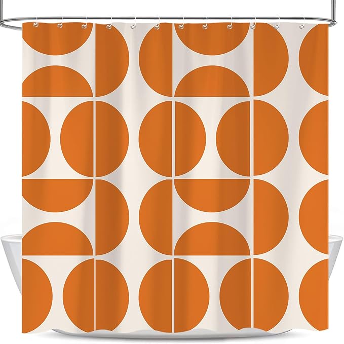 Orange Mid Century Modern Shower Curtain, Retro Geometric Abstract Shower Curtains for Bathroom‌, Boho Unique Pattern Waterproof Polyester Fabric Bathroom Accessories Set 12 Hooks 72X72IN