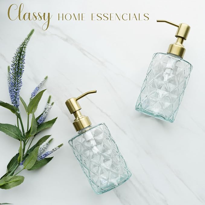 JASAI Diamond Design Glass Soap Dispenser with Golden Pump | Refillable Hand soap Dispenser for Kitchen, Soap Dispenser Bathroom for Soap, Hand soap, Dish Soap, Lotion.