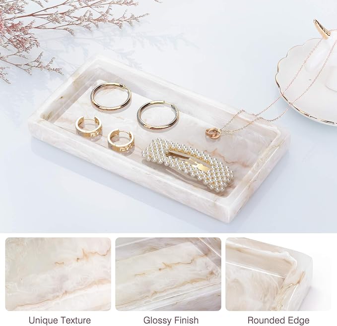 Emibele Bathroom Vanity Tray Countertop, 8" Rectangular Marble Resin Tray | Dresser Kitchen Sink Tray, for Jewelry Cosmetic Perfume Soap Candle, Compact Lightweight Waterproof, Mini Size, Ink Khaki