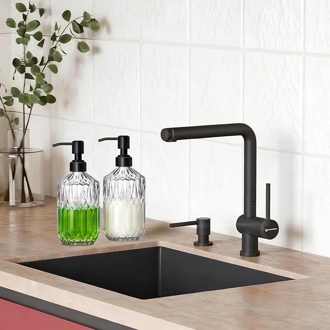 COHOSEGE 17 Oz Clear Glass Kitchen Soap Dispenser for Dish Soap, 2 Pack Bathroom Soap Dispenser Set with Black Rust Proof Pump for Lotion, Hand soap or Body Wash