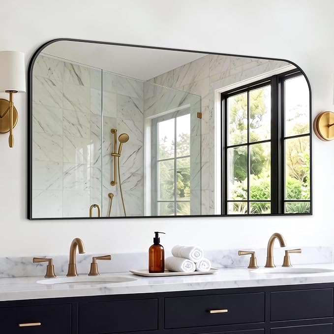 Bathroom Black Vanity Mirror for Over Sink, 30" x 55" | Metal Framed Rounded Corner, Shatterproof Glass, for Bedroom, Living room, Entryway