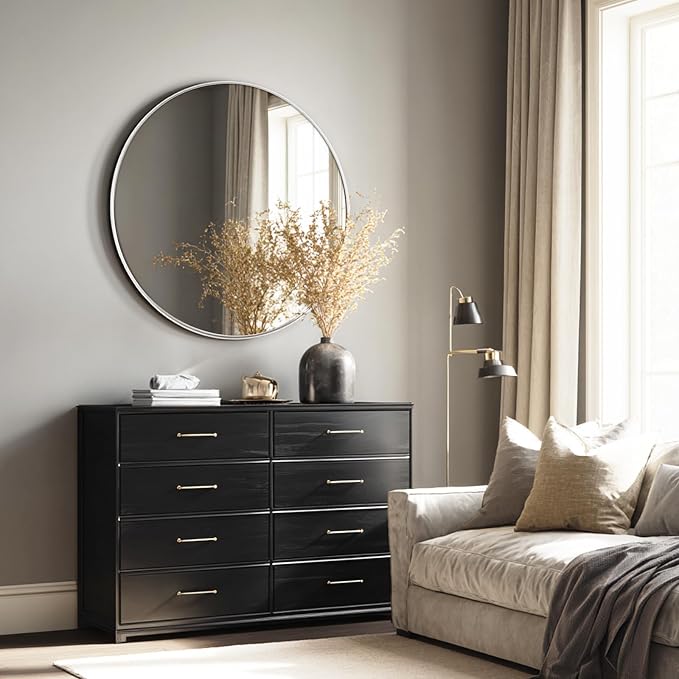 30 Inch Brushed Nickel Round Bathroom Mirror for Over Sink | Circle Mirror with Aluminum Frame, Wall Mirror for Vanity, Entryway, Living Room, Hallway and Bedroom Decor