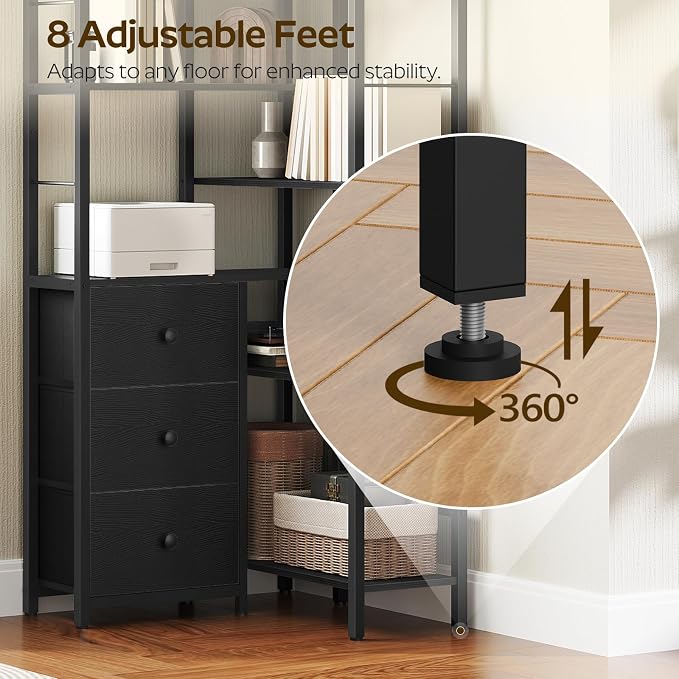 Corner Bookshelf, 7 Tier L-Shaped Bookcase with 3 Drawers, Storage Corner Shelf, Freestanding Tall Display Shelf, Industrial Style, for Living Room, Home Office, Black SJ10BB