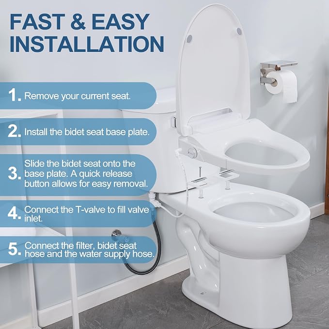 Electric Bidet Toilet Seat, Elongated, Warm Water with Air Dryer, Heated Seat and Slow Close Lid, Adjustable Water Temperature, Front and Rear Wash, LED Nightlight, Wireless Remote, 102