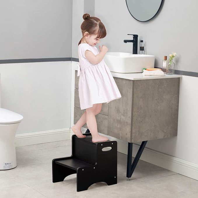 Toddler Step Stool, Wooden 2 Step Stools for Bathroom Sink Potty Training Kitchen Dual Height Stool Helper for Kids Bonus Non-Slip Pads and Handles for Safety (Black)
