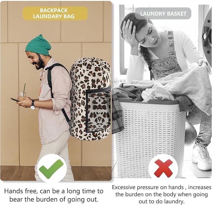 Olosar Laundry Bag Backpack, 2PCS Extra Large Travel Laundry Bag with Mesh Pocket & Adjustable Shoulder Straps,Dirty Clothes Travel Bag for College Students Dorm,Apartment(Leopard Print)