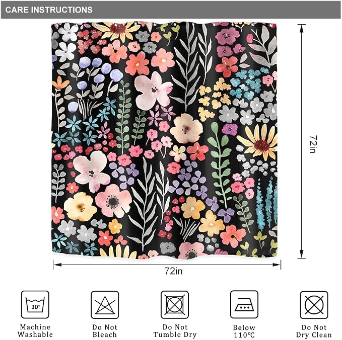 Black Dark Floral Flowers Watercolor Plants Art Bathroom Shower Curtain Set | 72"W x 72"H Leaves Botanical; waterproof HD print, quick-dry fabric with 12 hooks for easy hanging.