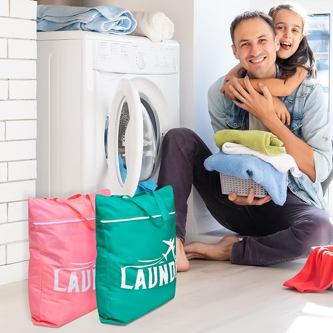 Fiodrimy 2 Pcs Large Travel Laundry Bags - Washable Waterproof Wet Dry Bags for Dirty Clothes, Swimsuits, Workout & Gym Clothes - Pink & Blue