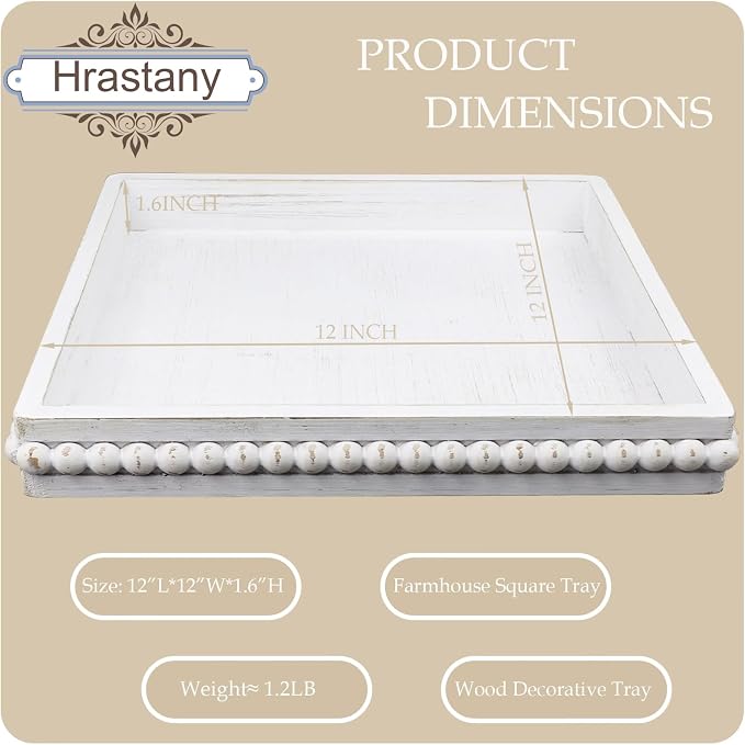 Hrastany Square Wood Decorative Serving Tray, Rustic Coffee Table Tray for Ottoman,Kitchen Counter Organizer, Bedroom, Home Decor(Whitewashed)