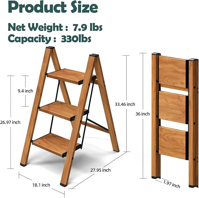 Taranta 3 Step Stool Foldable,Aluminum Step Ladder-Woodgrain | Lightweight,Wide Anti-Slip Pedals,Folding Step Stool,330lbs Capacity Stepladder for Household,Kitchen,Office