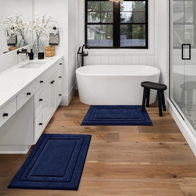 HOMEIDEAS Bathroom Rugs Sets 2 Piece, Super Soft and Absorbent Non Slip Microfiber Machine Washable Bath Mat Set (20" x 32" + 16" x 24", Navy Blue)