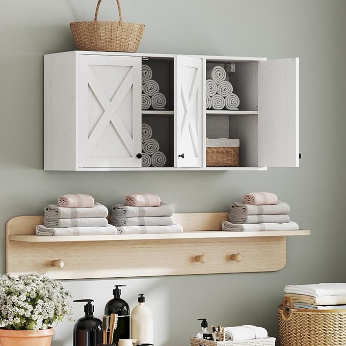 YOURLITE Laundry Cabinet, Medicine Cabinet, Bathroom Kitchen Storage Wall Mounted Farmhouse Organizer with Shelves Over Toilet, 36" Wide, White